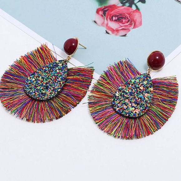 Rainbow tassel fringe druzy statement earrings - Picture 3 of 5
